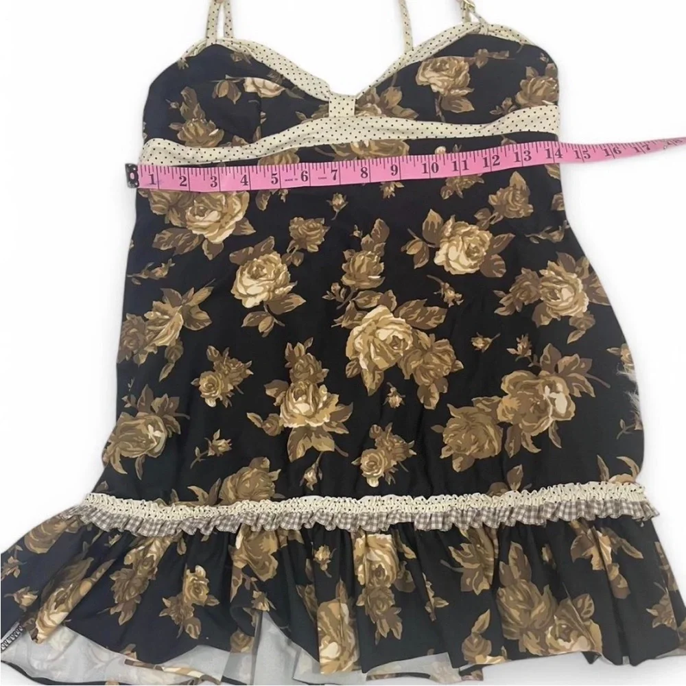 Betsey Johnson Black and Gold Floral Chemise Swim Coverup Slip Retro Vtg M - Picture 5 of 7